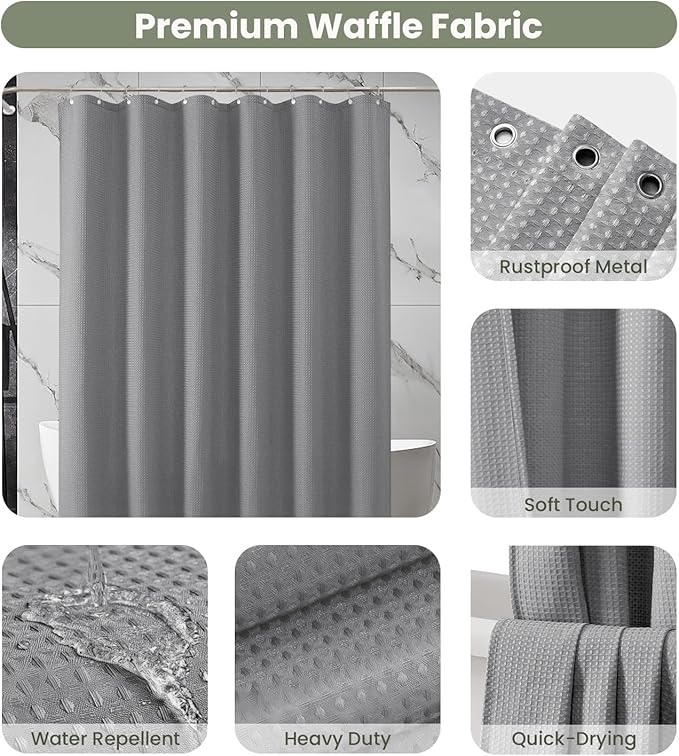 Inhousolu Fabric Shower Curtain Waffle Weave, 230 GSM Heavy Duty, Weighted Hem, 14 Metal Hooks, Water Repellent, Machine Washable, Hotel Spa Luxury Bath Curtain Set, 72 x 96 Inch, Grey
