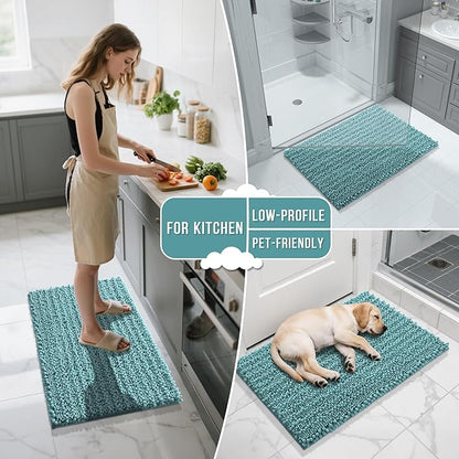 Yimobra Bathroom Runner Rug 60x24 Inch - Extra Long Non Slip Chenille Bath Mat, Soft & Absorbent, Machine Washable Shaggy Hallway Carpet for Vanity Tub Shower, Teal Blue Home Decor Accessories