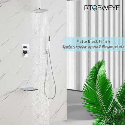 8 Inch Shower Faucet Set, Ceiling Mounted Rainfall Shower System with High Pressure Handheld Shower Head, Bathroom Mixer Rough-in Valve and Trim Shower Kit, Polished Chrome, with Tub Spout