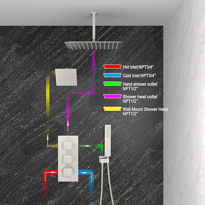 Enga Dual Rain Shower Head System, 16 Inch Ceiling Mount Shower Head with 6 Inch Wall Mount Shower Head Full Body Thermostatic Shower Faucet Set, Brushed Nickel