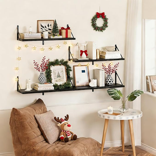 Heimlove Floating Shelves for Wall, 36 Inch Long Wood Floating Bookshelf Set of 3, Wall Mounted Hanging Shelf for Bathroom Bedroom Kitchen, Black