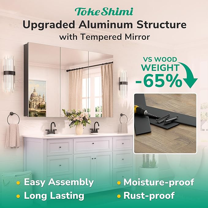 TokeShimi 48 x 32 Mirror Medicine Cabinet Wall Mounted or Recessed, Aluminum Tempered Black Medicine Cabinet with Mirror with Stepless Adjustable Storage Metal for Modern Farmhouse