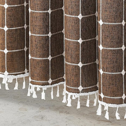 MitoVilla Brown Boho Shower Curtains for Modern Farmhouse Bathroom Decor, Country Thick Polyester Linen Fabric Shower Curtain with Tassel, 72 x 72