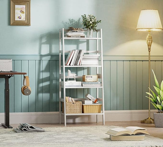 HITNET White Ladder Bookshelf, Leaning Bookcase, 4-Tier Bamboo Shelf, Floor Standing Storage Shelving Unit, Open Display Book Shelves