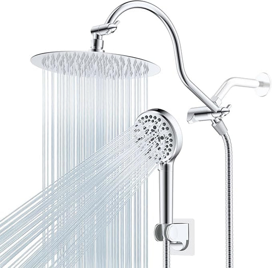 Hibbent All Metal CUPC Certified Shower Head, 10'' High Pressure Rainfall Shower Head, Handheld Showerhead Combo with 12'' Adjustable Extension Arm, 10-Spray, 71'' Shower Hose, Shower Holder, Chrome