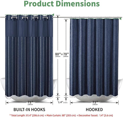 No Hook Long Shower Curtain Set with Snap-in Fabric Liner,Linen Textured Thick Striped Fabric with Tassels,Boho Farmhouse Rustic Luxury Bathroom Curtain,Water-Repellent,Navy Blue,71x80