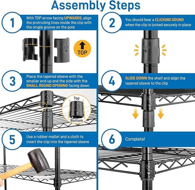6 Tier Storage Racks Shelving, Heavy Steel Pantry Shelves, Adjustable Wire Shelving Rack with Wheels, Suitable for Garage, Kitchens, Offices, 59" W x 17.7" D x 83.8" H, Black