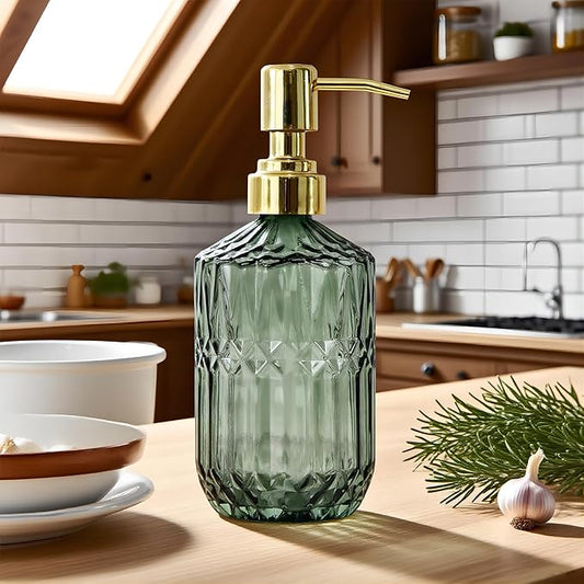 18oz Green Glass Soap Dispenser, Refillable Kitchen, Bathroom Thick Glass Soap Dispenser with Golden Rustproof Pump for Dishwashing Liquid, Hand Soap, Lotion, Body Wash (Green-Golden Pump)