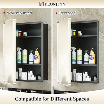 Keonjinn Brushed Nickel Medicine Cabinet for Bathroom, 16 x 24 Inch Medicine Cabinet with Mirror, Silver Stainless Steel Framed, Adjustable Shelves, Recessed or Wall Mount, Sturdy, Rounded Rectangle