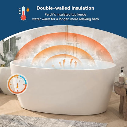 FerdY Tahiti 55" Acrylic Freestanding Bathtub, Elegant Oval Shape Soaking Bathtub, Glossy White, Brushed Nickel Drain & Integrated Slotted Overflow Assembly Included cUPC Certified