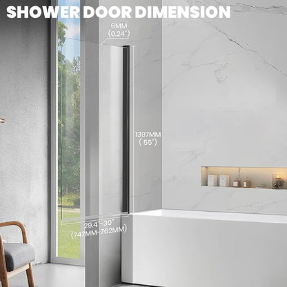 Frameless Tub Shower Door, Clear Tempered Glass Bathroom Shower Door 30" W*55" H, Hinged Foldable Bathtub Screen with Matte Black Wall Profile Support