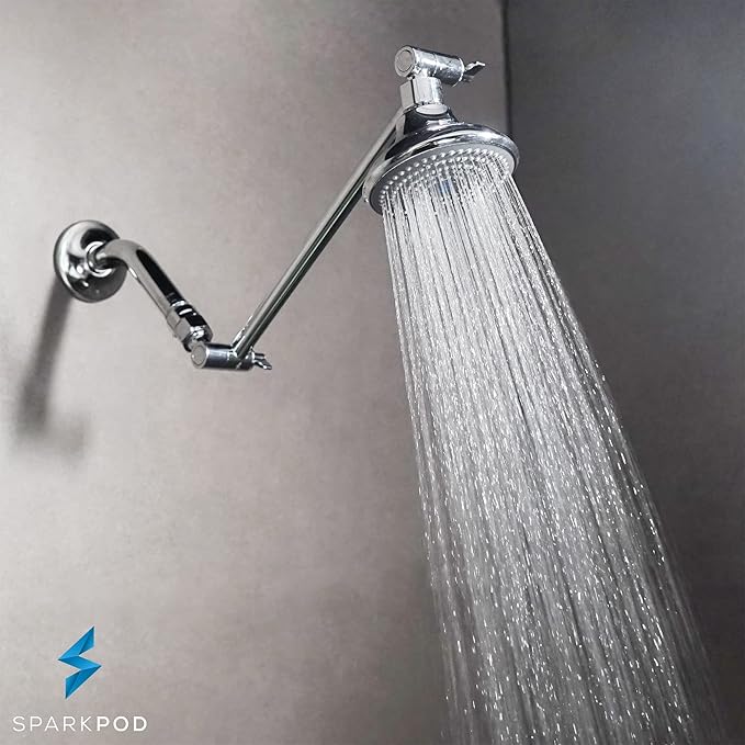 SparkPod 11" Solid Brass Shower Head Extension Arm - Flexible Height & Angle Adjustable Shower Arm Extension for Rain Showerheads with Sturdy Lock - Universal Pipe Connection (Luxury Polished Chrome)