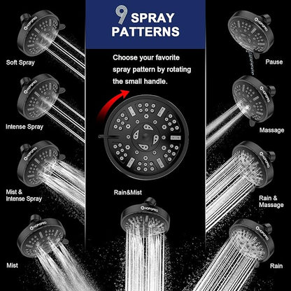 HOPOPRO Upgraded 9 Settings High Pressure Shower Head, NBC News Recommended Brand Fixed Showerhead Bathroom Showerhead Multi-functional Rainfall Showerhead for Low Water Flow (Matte Black)
