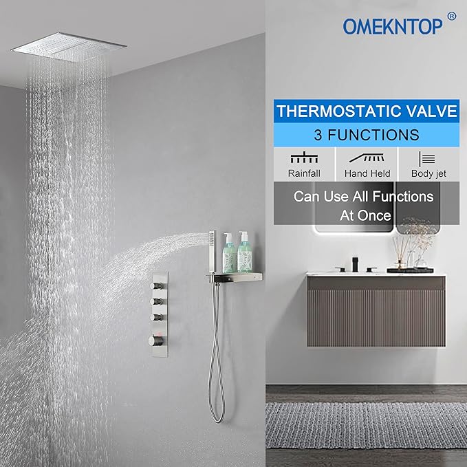 3 Way Shower Diverter Valve - Brushed Nickel, 3 Function Thermostatic Mixer Brass Valve with Individual On/Off Flow Control, Ideal for Shower Arm & Shower Kit