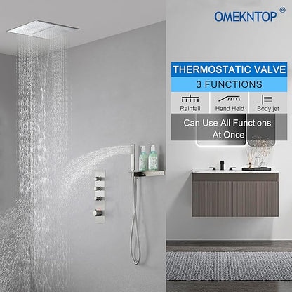 3 Way Shower Diverter Valve - Brushed Nickel, 3 Function Thermostatic Mixer Brass Valve with Individual On/Off Flow Control, Ideal for Shower Arm & Shower Kit
