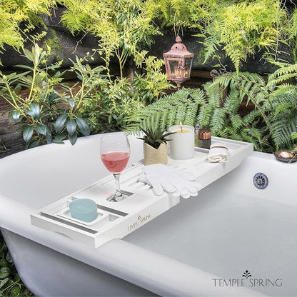 Temple Spring Wooden Bathtub Tray, Bamboo Bathroom Accessories, Bath Tray for Tub, at Home Spa Essentials, Board for Tub Table, Bath Caddy for Bathtub Accessories & Bathroom Essentials – White