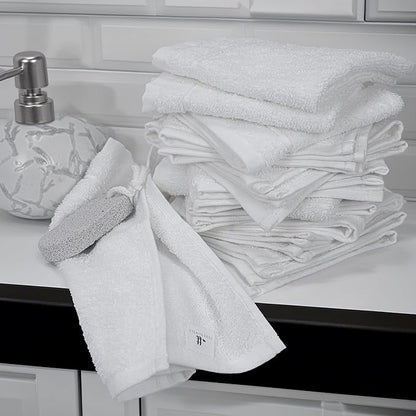 Tens Towels Pack of 12 Washcloths, 12 x 12 Inches, Lighter Weight, Quick to Dry, Super Soft & Absorbent, Gentle Face Towels, Hotel Quality, Perfect for Bathroom, Gym, Spa (White, 12 Pack)