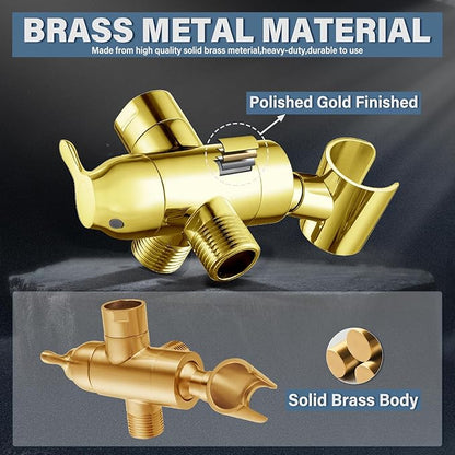 Shower Diverter Valve with Handshower Mount, G1/2 Brass Shower Arm Diverter 3 Way Bathroom Universal Shower System Replacement for Handheld Shower and Fixed Shower Head, Polisded Gold