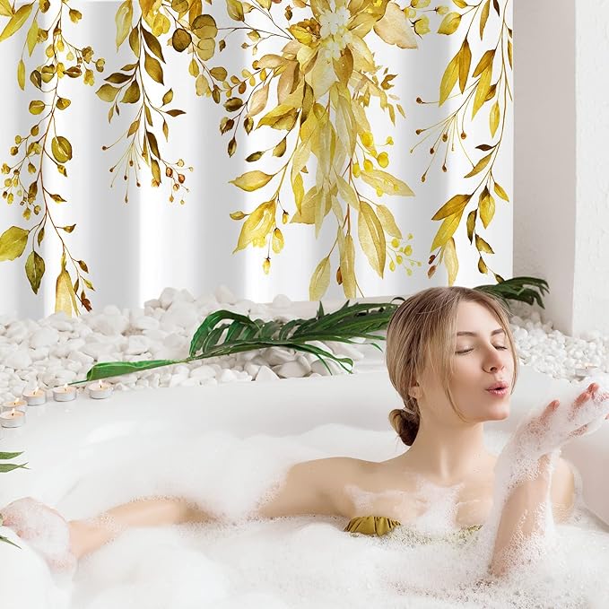 Gibelle Small Stall Shower Curtain 36 x 72, Narrow Yellow Floral Shower Curtain for Bathroom, Watercolor Plant Eucalyptus Leaves Fabric Shower Curtain Set