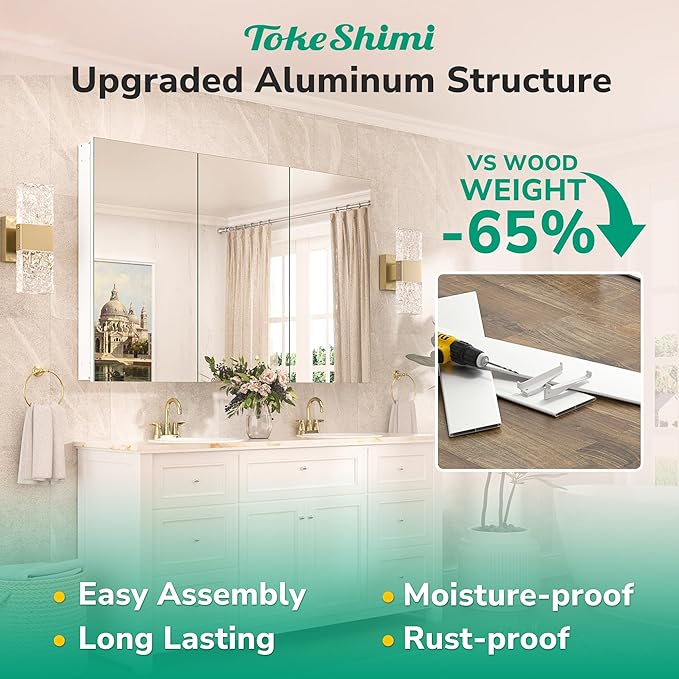 TokeShimi 48x26 Recessed Medicine Cabinet with Mirror Aluminum, Tempered Frameless Bathroom Mirror with Storage Adjustable, White Wall Mounted Medicine Cabinet for Bathroom Farmhouse
