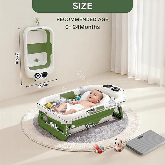 Collapsible Baby Bathtub for Newborn to Toddler (0-24 Months), Portable Baby Bath Tub for Travel, Newborn Bathtub with Soft and Supportive Cushion (Panda-Green)