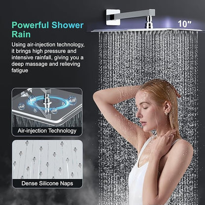 SR SUN RISE 10 Inch Square Shower Faucet, Adjustable 16-Inch Slide Bar Hand Held Shower with Hose, Square Rain Shower Head and Handheld Spray Included Valve and Shower Trim Kit, Polished Chrome