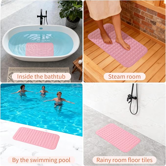 Anti-Slip Bathtub Shower mat, 27.5×14.5（Approximately 70×37cm） inch Soft Oversized Machine Washable Non-Slip Bathtub mat with Drainage Holes, Bathroom Floor Suction Cup.（1-Opaque Pink）