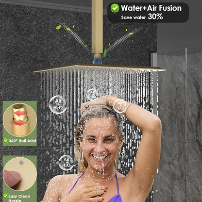 ENGA Dual Shower Head System with Tub Spout, Ceiling Mount 12 Inch Shower Head with 6 Inch Wall Mount Shower Head Shower Faucet Set, Brushed Gold