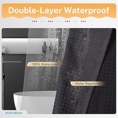 River Dream 3 in 1 Shower Curtain Set, Stall Waffle Fabric Shower Curtain and Waterproof Clear Liner Set with Double Sided Metal Hooks, Black, 36" W*72" H