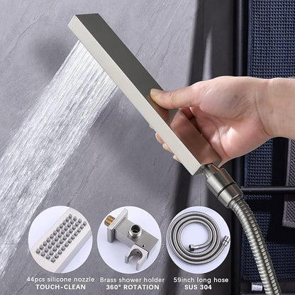 Bathroom Shower Faucet Set Brushed Nickel 12 Inch Wall Mounted Rainfall Shower Head System, Temperature Digital Display Shower Faucet with Handheld Spray, 4 PCS Body Jets
