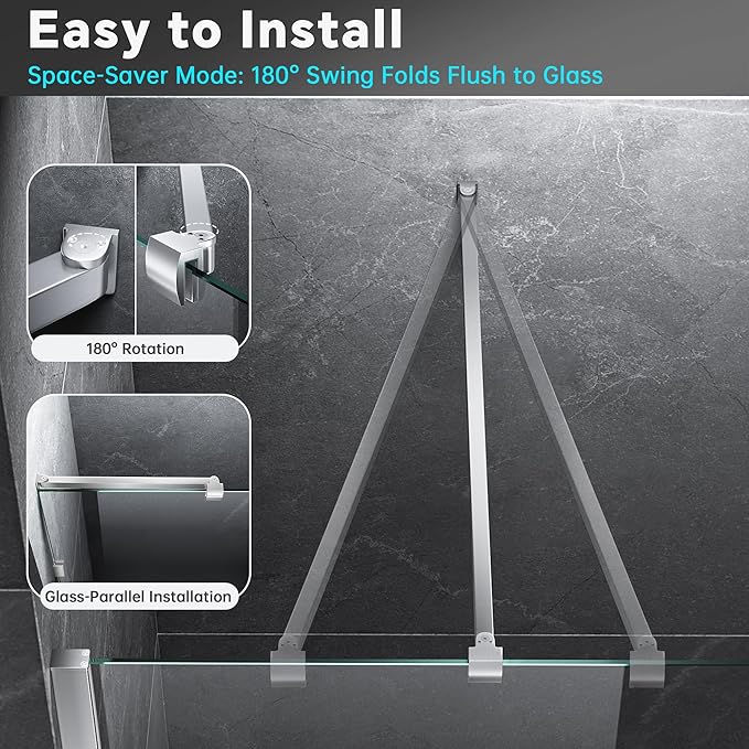 Frameless Shower Door Support Bar, Stainless Steel Wall-to-Glass Support Arm to Fixed Shower Glass Panel, for 1/4"-3/8" (6-10 mm) Door, 180° Pivot & Stow-Flat Mode (Brushed Nickel, 15.8-inch(400mm))