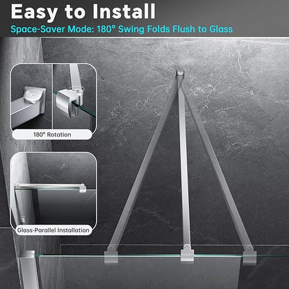 Frameless Shower Door Support Bar, Stainless Steel Wall-to-Glass Support Arm to Fixed Shower Glass Panel, for 1/4"-3/8" (6-10 mm) Door, 180° Pivot & Stow-Flat Mode (Brushed Nickel, 15.8-inch(400mm))