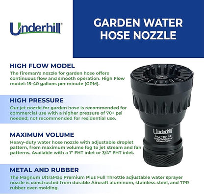 Underhill Garden Water Hose Nozzle Sprayer Jet Attachment, Heavy-Duty Metal and Rubber, Adjustable, Magnum UltraMax Premium Plus Series 3/4" High Flow Turbo Shift, NG550-DFH-75