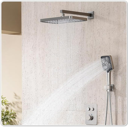 Thermostatic Shower Valve/System 12 inches Nickel Brass Faucet Set With Diverter/Mixer With Handheld Rain Head High Pressure Modern Rainfall