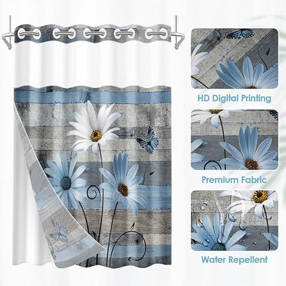 No Hook Blue Daisy and Butterfly Shower Curtain with Snap in Fabric Liner Set, Rustic Farmhouse Double Layers Waterproof Fabric with See Through Top Window Open Grommet Bath Curtain 71x86 Inch