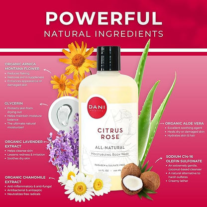DANI Naturals Moisturizing Body Wash - Citrus Rose Scent with Organic Aloe Vera & Natural Glycerin - Paraben & Sulfate-Free Shower Gel - 12 oz - Vegan & Cruelty-Free