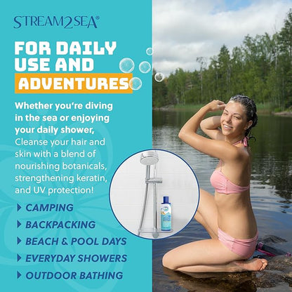 Non Toxic Shampoo and Conditioner, Body Wash 3 in 1 for Swim - Reef Safe Swimmers Shampoo for Men, Women Kids - All Natural Organic Shampoo Conditioner, Biodegradable Soap Camping Travel Size 1.69oz
