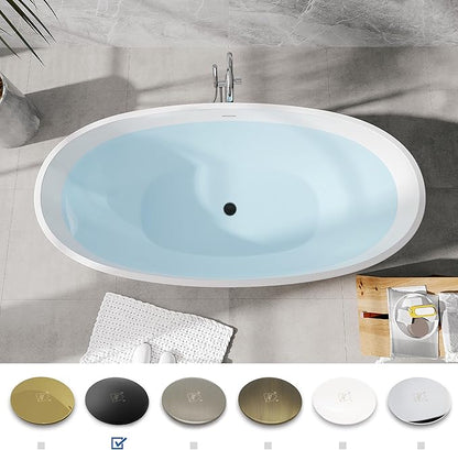 FerdY Koh Samui 65" Freestanding Bathtub, Elegant Oval Shape, Double Walled Insulation Bathtub with Center Matte Black Drain & Minimalist Linear Design Overflow