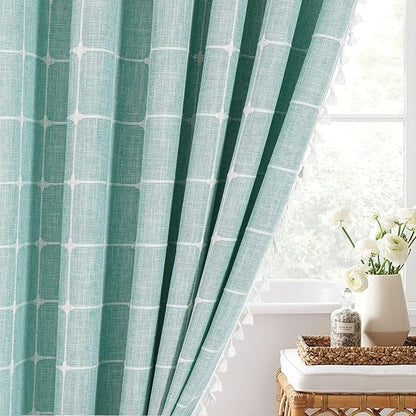 MitoVilla 72 x 84 Teal Blue Boho Extra Long Shower Curtain, Turquoise Farmhouse 84 inch XL Polyester Linen Texture Tassel Fabric Shower Curtain Set with Hooks for Cottagecore Country Bathroom Decor