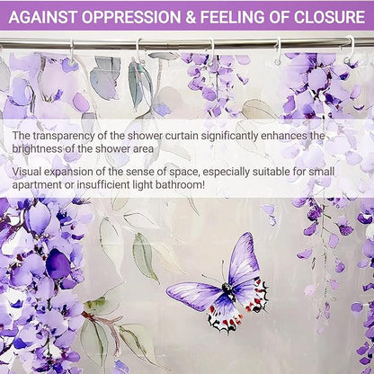 Clear Purple Floral Lavender Butterfly Shower Curtain, Plastic Transparent Cute Pretty Flower Decorative Aesthetic Shower Curtains for Bathroom, 72x78 Weighted Magnetic Shower Curtain Liner with Hooks