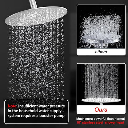 Shower Faucet Set 10IN Brass Rough-In Valve Body Trim Kit Rainfall Included Handle Accessories Complete 2 Functions with Rain Head and Handheld Bathroom Systems (10'', Chrome Polished)