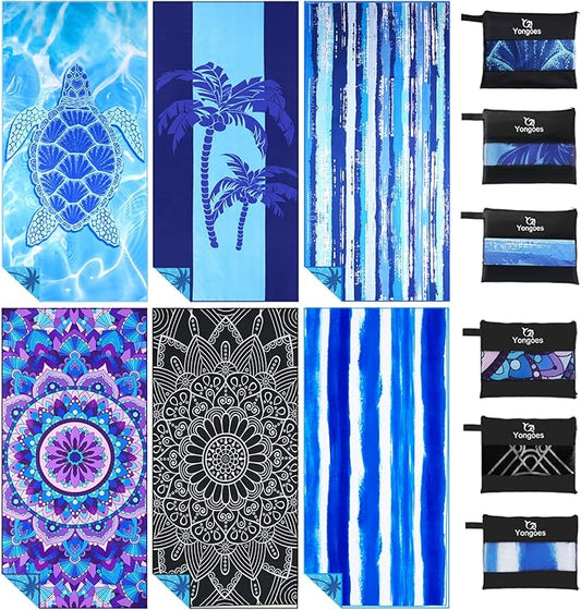 6 Pack Microfiber Lightweight Thin Beach Towel Sand Free Quick Dry Super Absorbent Large Towels for Swimming Pool Yoga Gym Travel Vacation Beach Accessories Essentials for Adults