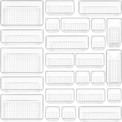 Vtopmart 25 PCS Clear Plastic Drawer Organizers Set, 4-Size Versatile Bathroom and Vanity Drawer Organizer Trays, Storage Bins for Makeup, Bedroom, Kitchen Gadgets Utensils and Office