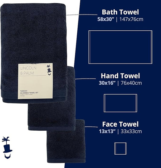 Lincoln & Palm 3 Piece Turkish Towels Set, Thick, Soft, Plush 700 GSM Spa & Hotel Quality, Silver Infused SILVERbac | Bath 58x30, Hand 30x16, Face Wash Cloth 13x13 (Navy, 3 Piece Towel Set)