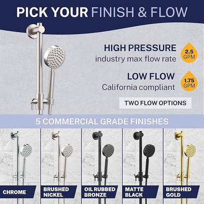 HammerHead Showers® SOLID METAL 27.5 Inch Shower Slide Bar Set and Handheld Shower Head with Hose — BRUSHED NICKEL — 1.75 GPM Low Flow Spray Wand — Easily Adjust Height & Angle of Handshower
