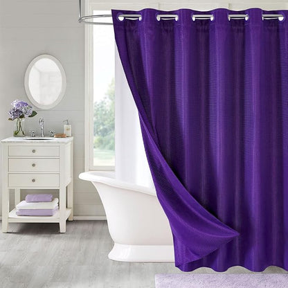 MitoVilla No Hooks Required Purple Waffle Shower Curtain Liner Set, Modern Heavyweight Fabric Shower Curtain Set with Snap-in Liner for Hotel Grade Spa-Like Bathroom Decor, Lavender, 72 x 74