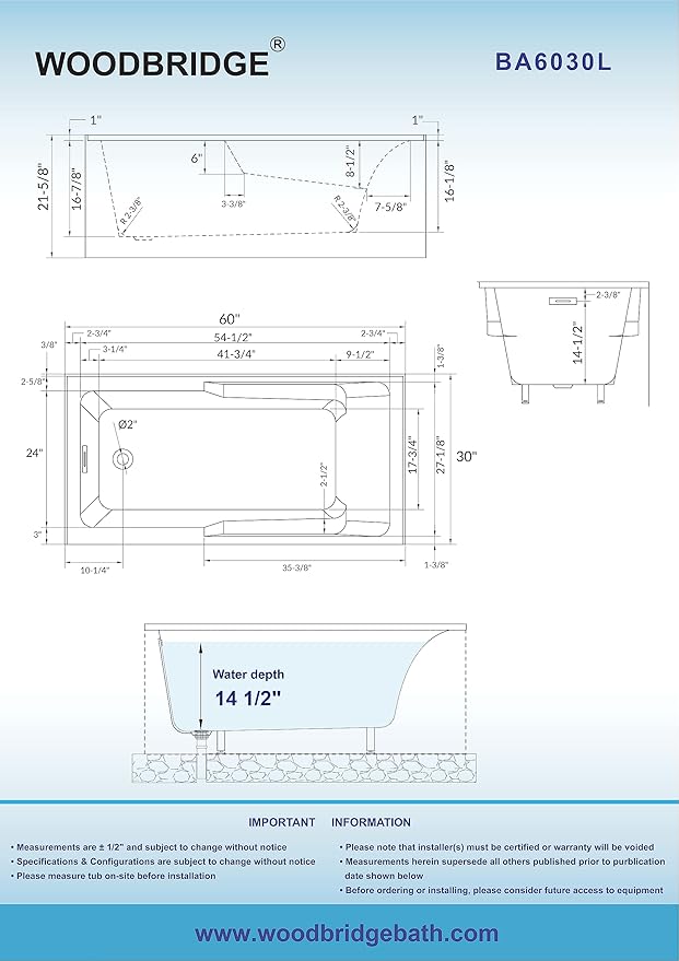 WOODBRIDGE 60" Acrylic Rectangular Alcove Soaking Bathtub in White with Left Drain, Chrome pop-UP Drain Included BA6030L