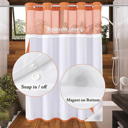 Gibelle No Hook Waffle Weave Shower Curtain with Snap-in Fabric Liner Set for Bathroom, Hotel Style with Mesh Top Window, Waterproof & Washable, Burnt Orange, 72x74