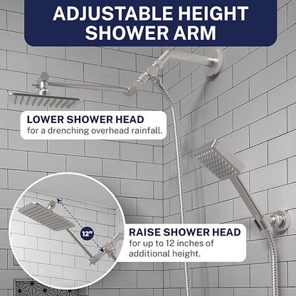 HammerHead® Solid Metal Dual Shower Head Combo — 8" Square Rain Shower Head with Handheld, 12" Adjustable Arm & Wall-Mount Holder for Flexible Installation — Brushed Nickel