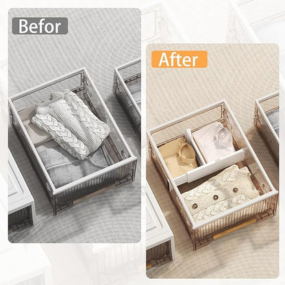 REBECAT 12 Pack Drawer Dividers for Clothes Adjustable 4" High Expandable from 15"-21" Drawer Dividers for Dresser Baby Clothes Bathroom,Bedroom Kitchen and Office Storage，White